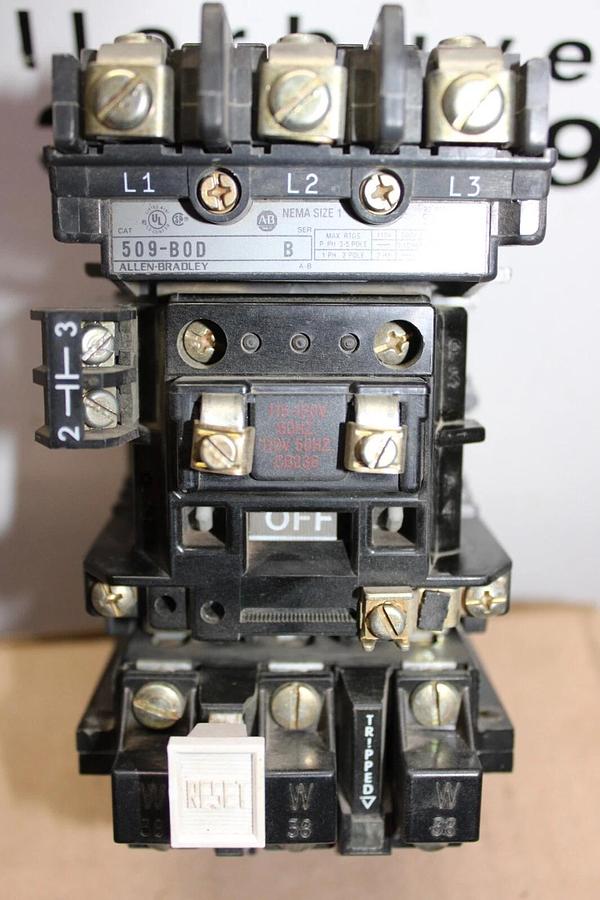 Used ALLEN BRADLEY STARTER 509-B0D SER. B SIZE 1 27 AMP 3-PHASE 600 VOLT COIL: 120V