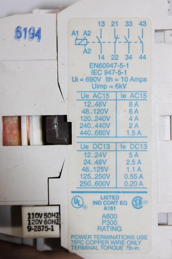 Used CUTLER HAMMER CONTACTOR D15CR31 SER. B1 10 AMP 600 VAC 3-POLE COIL: 110/120V