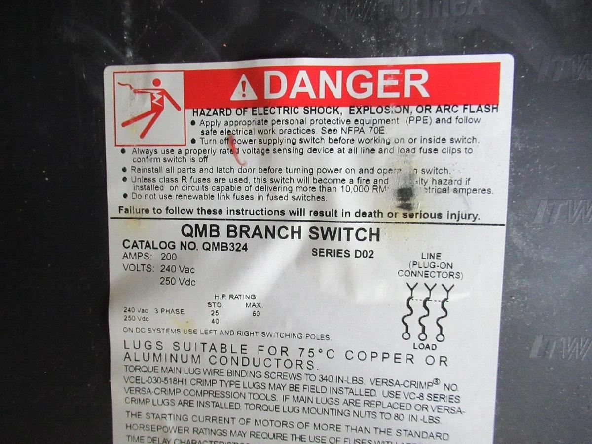 Used SQUARE D FUSIBLE PANELBOARD QMB-324 SER. D2 200 AMP 3-POLE 240 VAC 60 HP