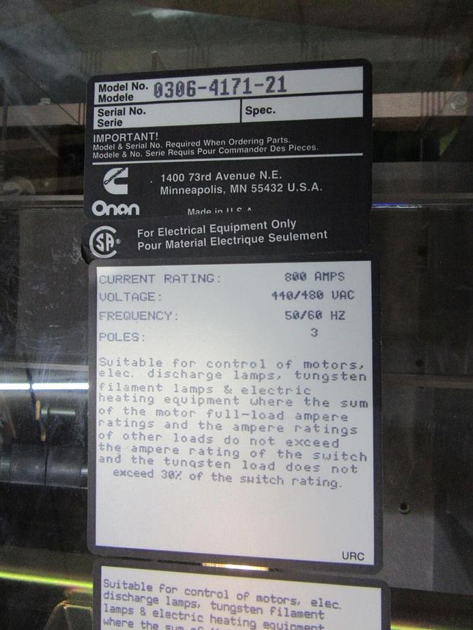 Used 600 A ONAN / CUMMINS AUTOMATIC TRANSFER SWITCH 480 V 3 PH BYPASS 0306-4171-21