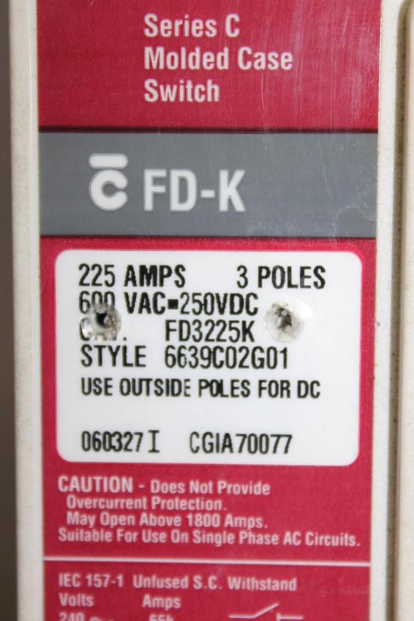 Used CUTLER HAMMER MOLDED CASE SWITCH FD3225K 225 AMP 600 VAC 3-POLE **WARRANTY**