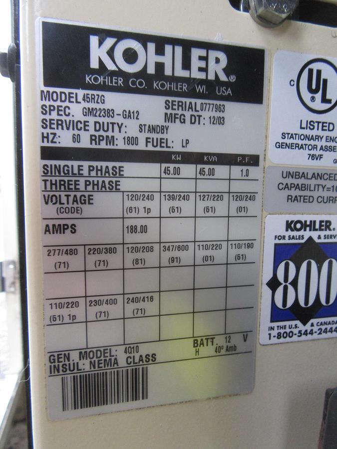 Used 45 KW PROPANE / NAT GAS GENERATOR KOHLER 120/240V 45RZG ENCLOSED VIDEO