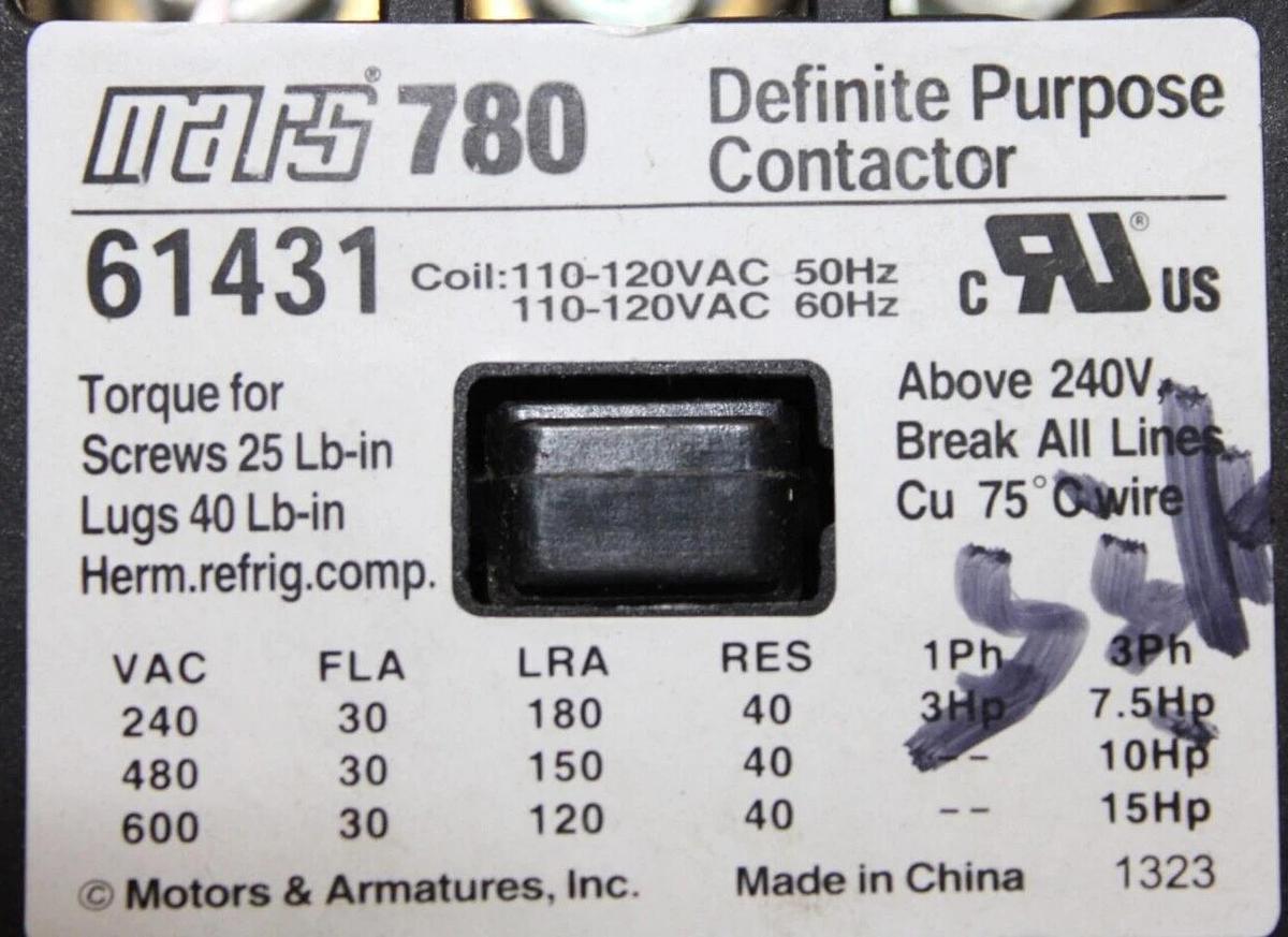 Used MARS 780 CONTACTOR 61431 30 AMP 600 VAC 3-POLE 3-PHASE 15 HP COIL: 120V
