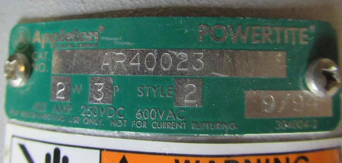 Used APPLETON POWERTITE RECEPTICLE AR40023 2 WATT 3 POLE 600 VAC 2 WIRE 400 AMP