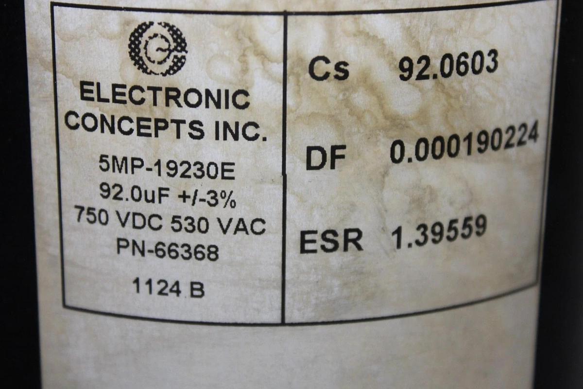 Used ELECTRONIC CONCEPTS CAPACITOR 5MP-19230E 66368 750 VDC 530 VAC 92uF