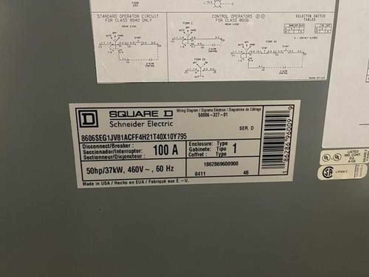 Used 50 HP SQUARE D REDUCED VOLTAGE STARTER 100 AMP SIZE 3 460 VOLT 8606SEG1JV81ACFF