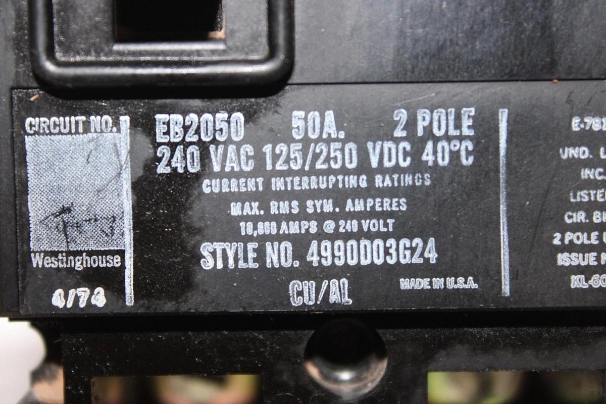 Used WESTINGHOUSE CIRCUIT BREAKER EB2050 50 AMP 2-POLE 240 VAC 4990D03G24