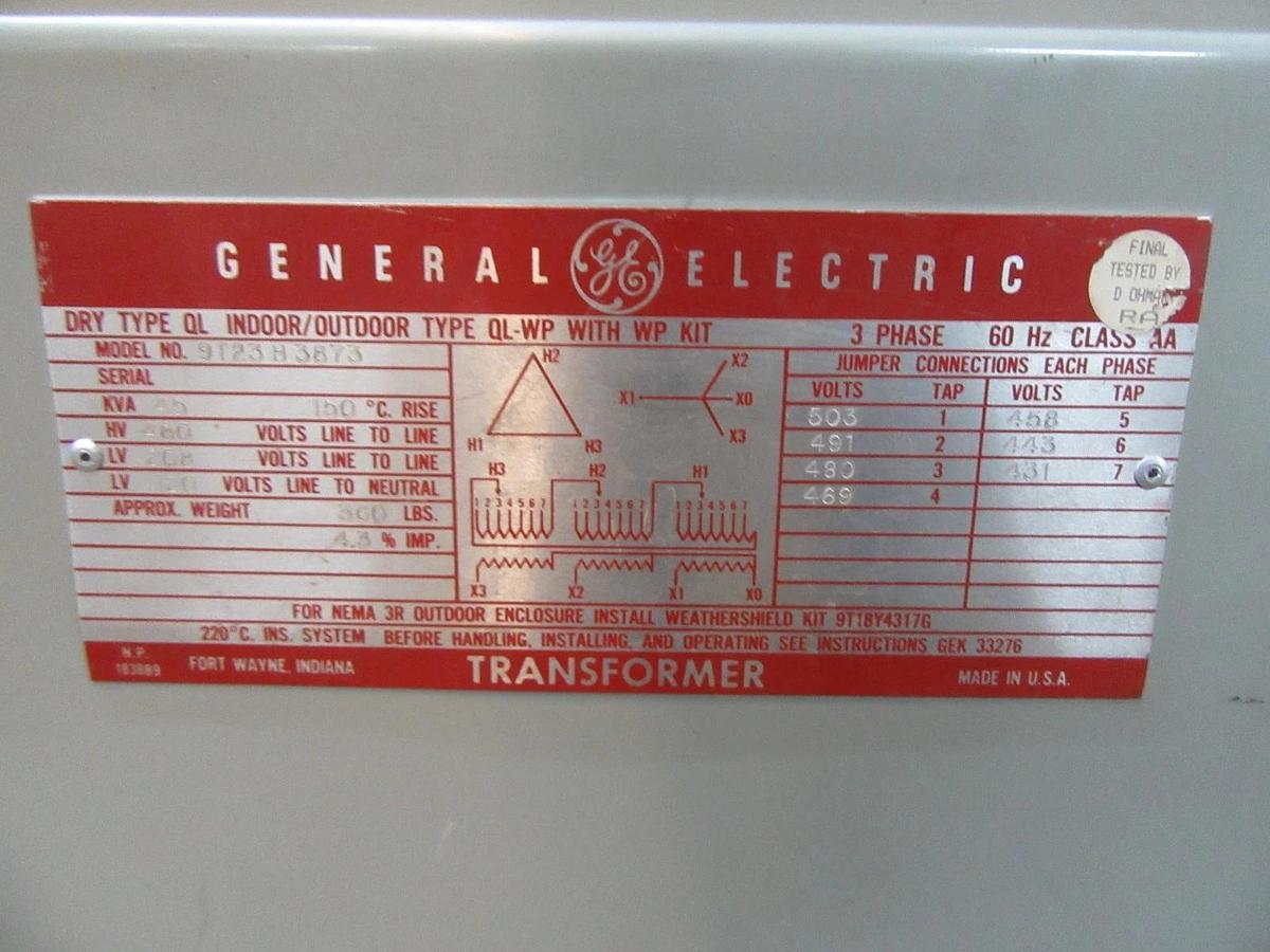 Used 45 KVA GE TRANSFORMER 3 PHASE 480 V PRIMARY TO 208Y/120 V SECONDARY 9T23H3873