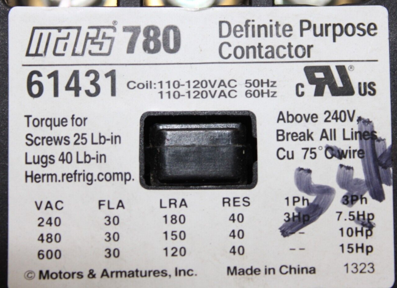 Used MARS 780 CONTACTOR 61431 30 AMP 600 VAC 3-POLE 3-PHASE 15 HP COIL: 120V