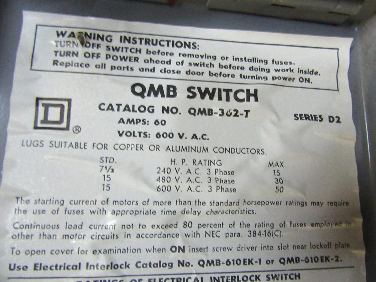 Used SQUARE D QMB SAFETY DISCONNECT SWITCH QMB362T 60 AMP 600 VAC 3-POLE 50 HP