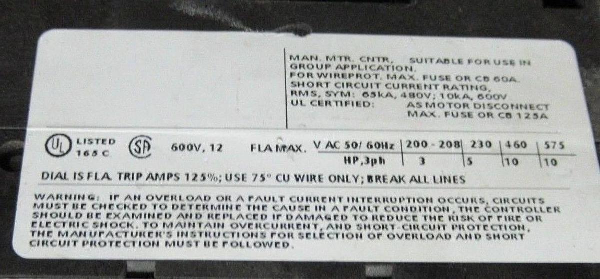 Used SIEMENS MANUAL MOTOR STARTER 3RV1011-1KA10 600 VOLT 12 AMP 10 HP G/070314