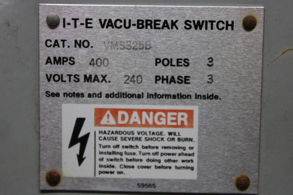 Used ITE FUSIBLE PANELBOARD VACU-BREAK DISCONNECT VMS325B 400 AMP 240 VOLT 3-PHASE