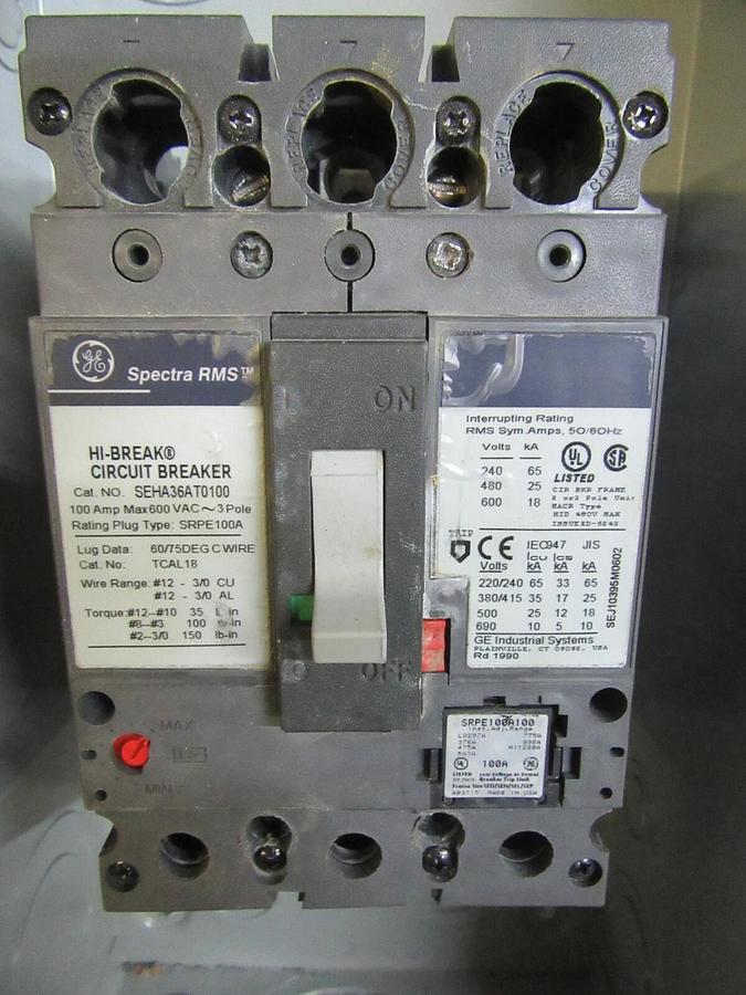 Used GE CIRCUIT BREAKER ENCLOSURE TE100F MOD. 9 TYPE 1 ENCL. W/ SEHA36AT0100