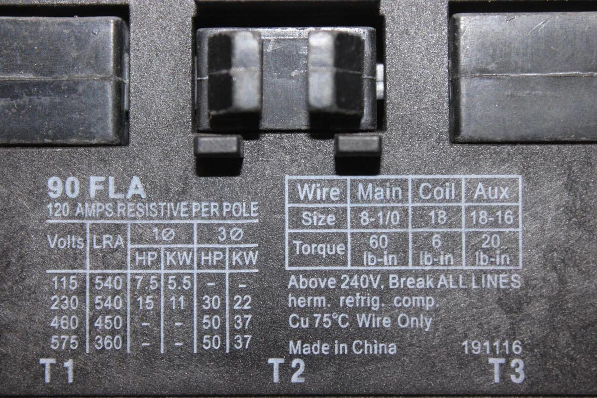 Used COPELAND CONTACTOR 012-3090-05 90 AMP 600 VOLT 3-PHASE 3-POLE COIL: 110/120 VAC