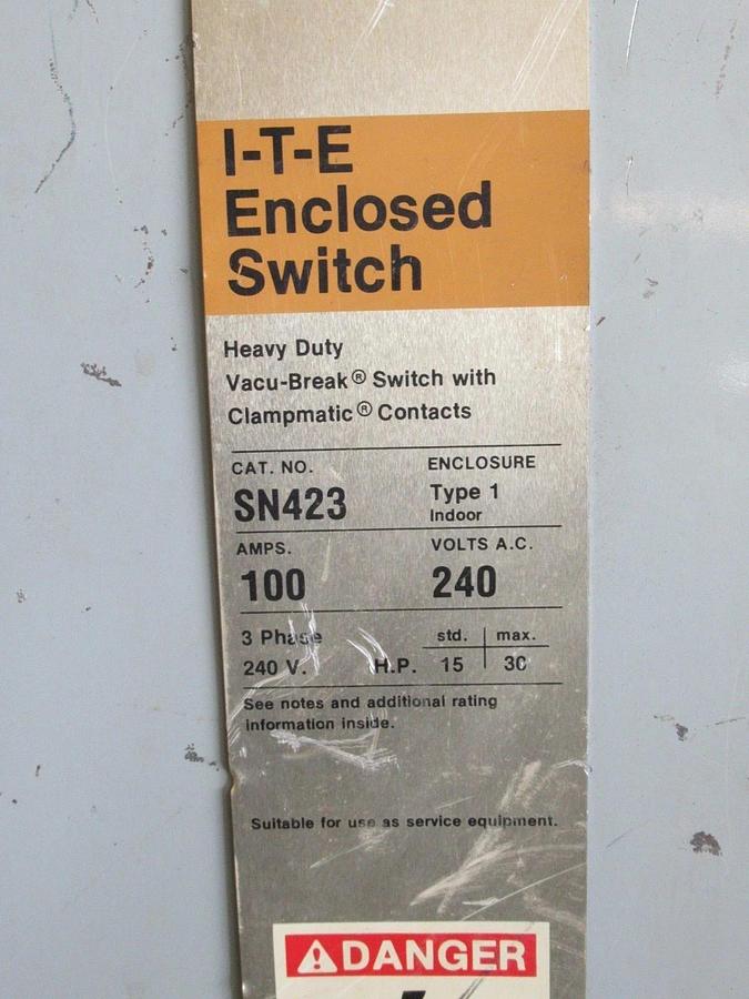 Used ITE DISCONNECT FUSIBLE SAFETY SWITCH SN423 240VAC 30HP 100A **WARRANTY**