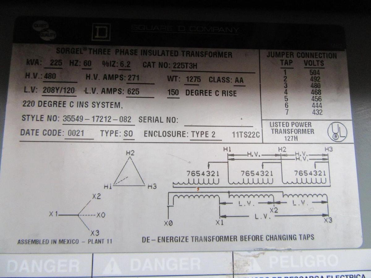 Used SQUARE D TRANSFORMER 225T3H 225 KVA PRI: 480V @ 271 A SEC: 208Y/120 @ 625 A 3R