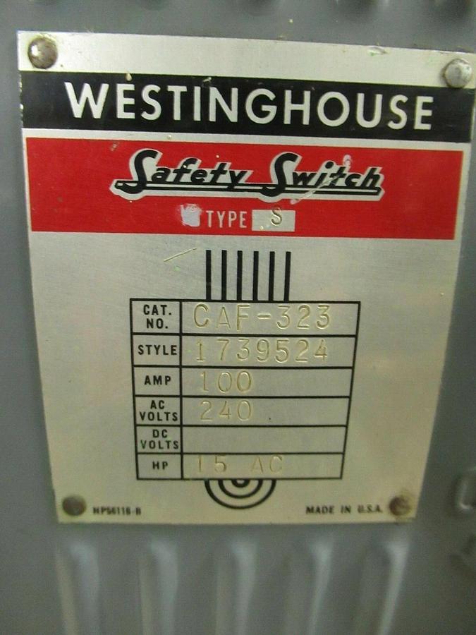 Used WESTINGHOUSE FUSIBLE SAFETY SWITCH CAF-323 100 AMP 240 VAC