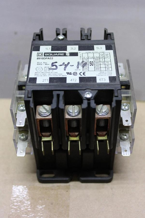 Used SQUARE D CONTACTOR 8910DPA53 50 AMP 600 VAC 30 HP COIL: 24 VOLT