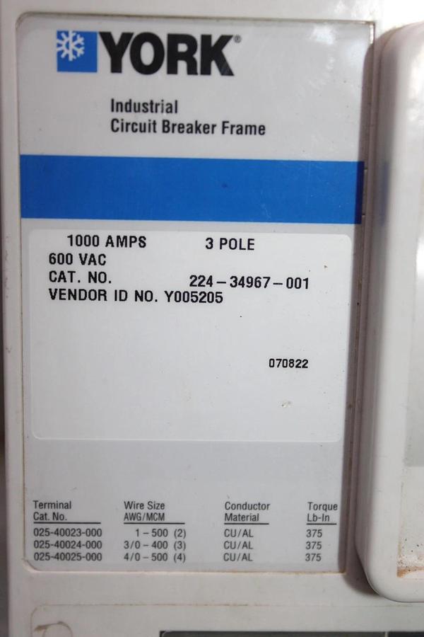 Used YORK / EATON CIRCUIT BREAKER 1000 AMP 600 VAC 3-POLE **WARRANTY INCLUDED**