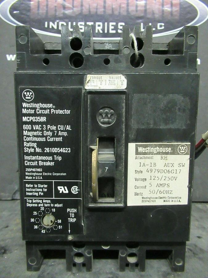 Used 7 AMP WESTINGHOUSE BREAKER MCP0358RC 600 VAC 3-POLE **WARRANTY INCLUDED!**