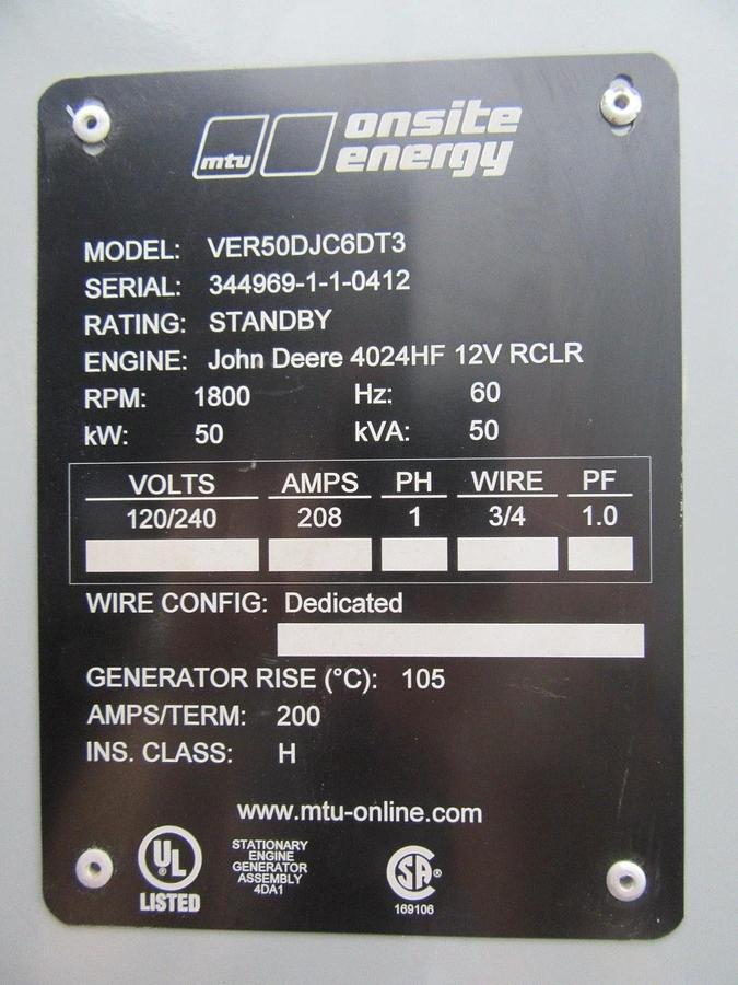 Used 50 KW DIESEL GENERATOR MTU 120/240 V JOHN DEERE SOUND ENCLOSED 338 HRS VIDEO