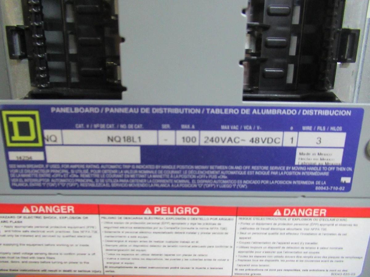 Used SQUARE D NQOD SERVICE PANEL NQ18L1 100 AMP 240 VAC SINGLE PHASE 3-WIRE