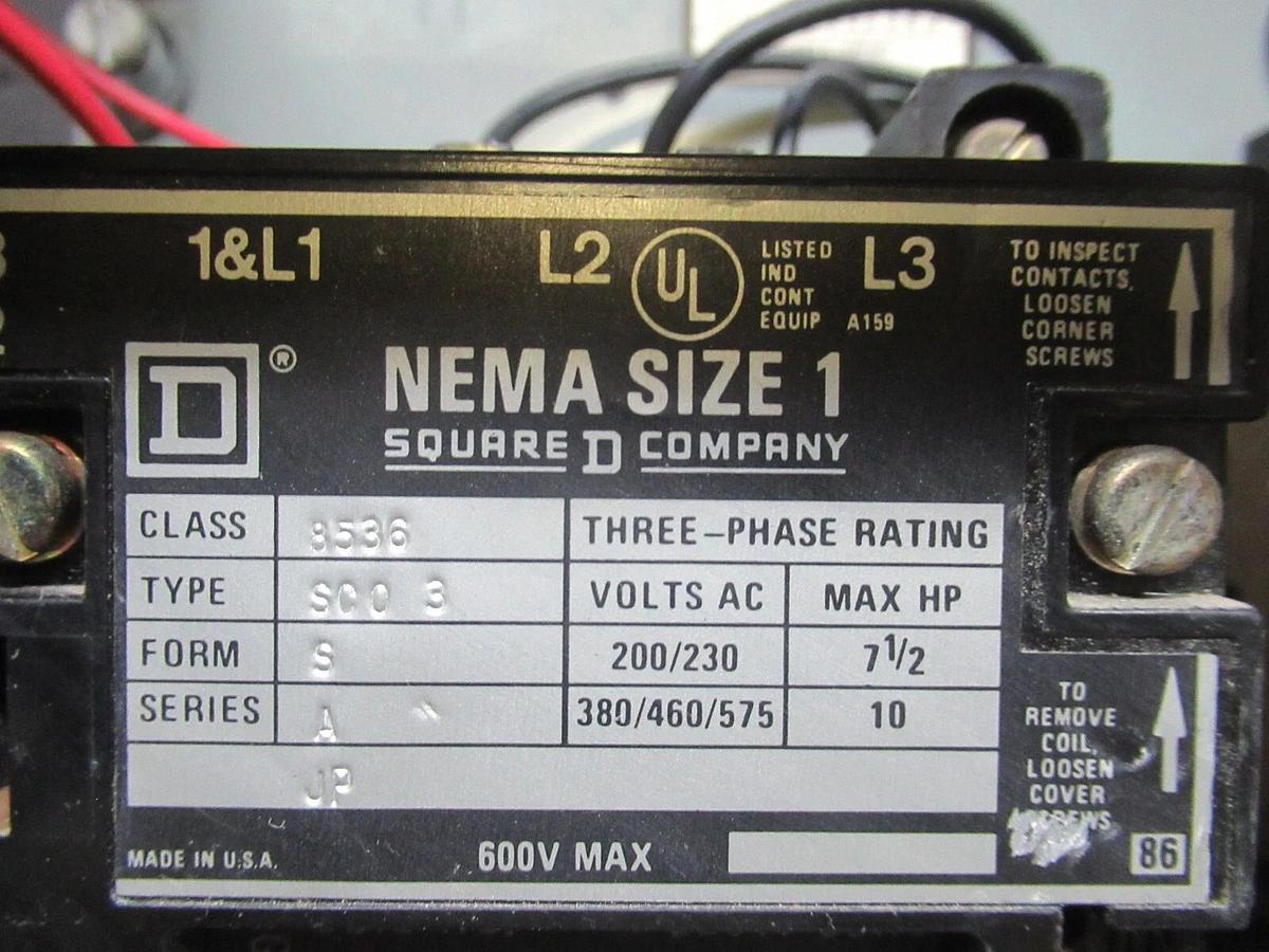 Used SQUARE D MCC MOTOR CONTROL STARTER 12" MODEL 4 W/ 8536SCO3 STARTER NEMA 1 12 AMP
