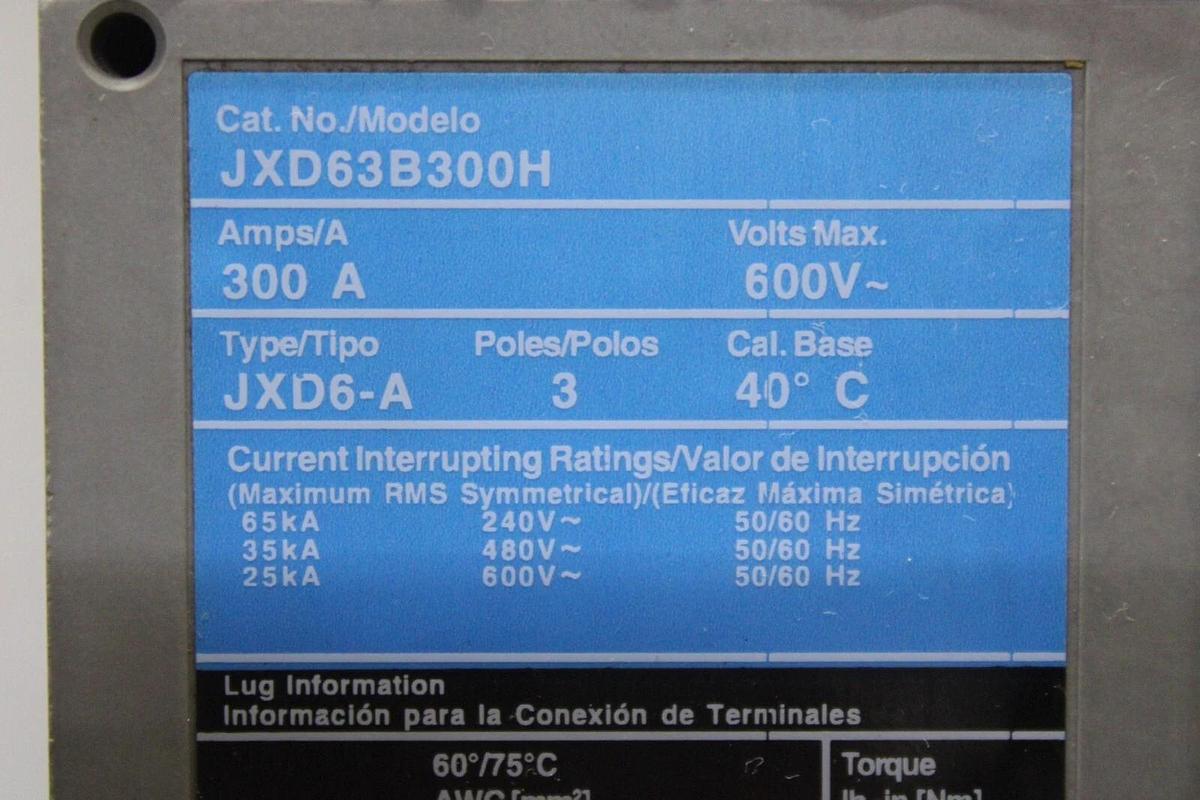 Used SIEMENS SENTRON CIRCUIT BREAKER JXD3B300H 300 AMP 600 VAC 3-POLE JXD6-A