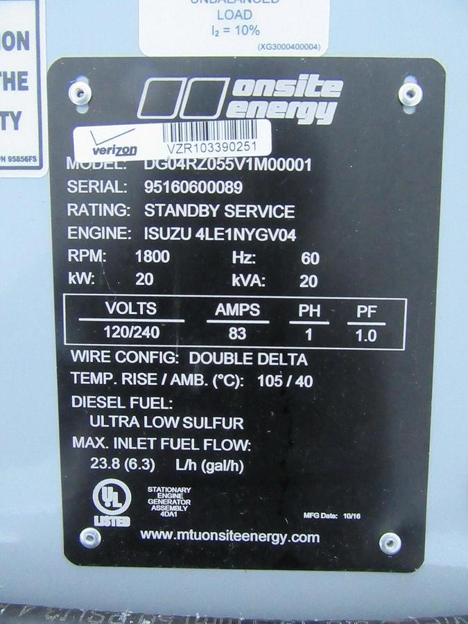 Used 20 KW DIESEL GENERATOR ISUZU MTU 2016 115 HRS 120/240 VOLT 1 PH SOUND ENCLOSED