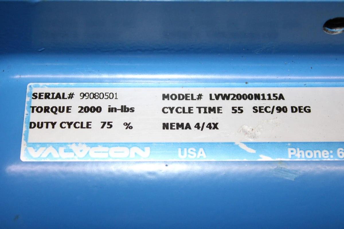 Used VALVCON ACTUATOR LVW2000N115A 2000 IN-LBS 55 SEC CYCLE 115V 0.8A NEMA 4