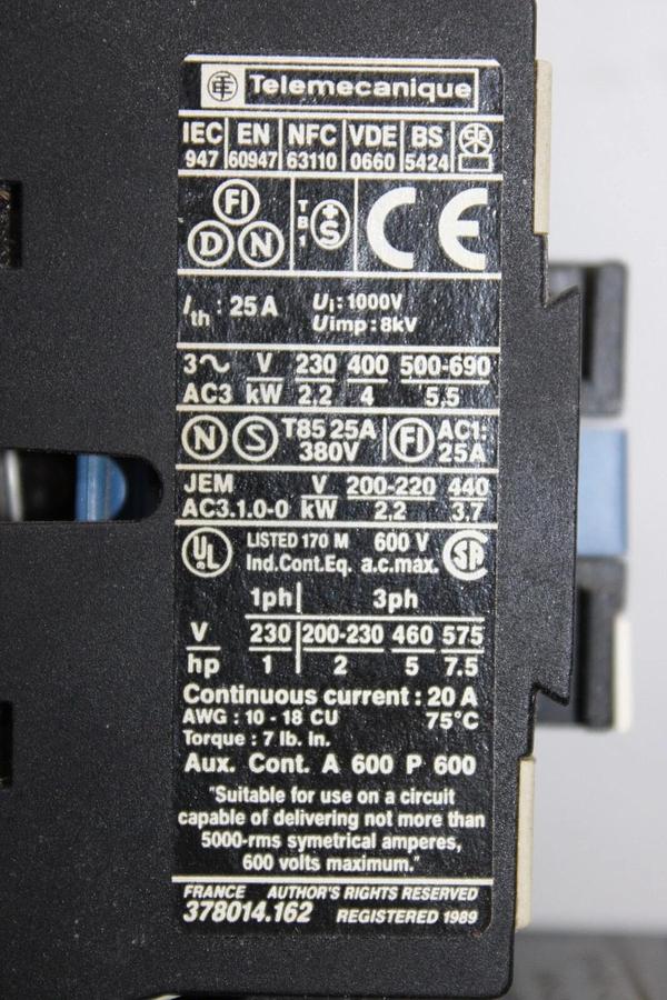 Used TELEMECANIQUE STARTER LC1D0910 20 AMP 600 VAC 7.5 HP W/ LR2-D1306