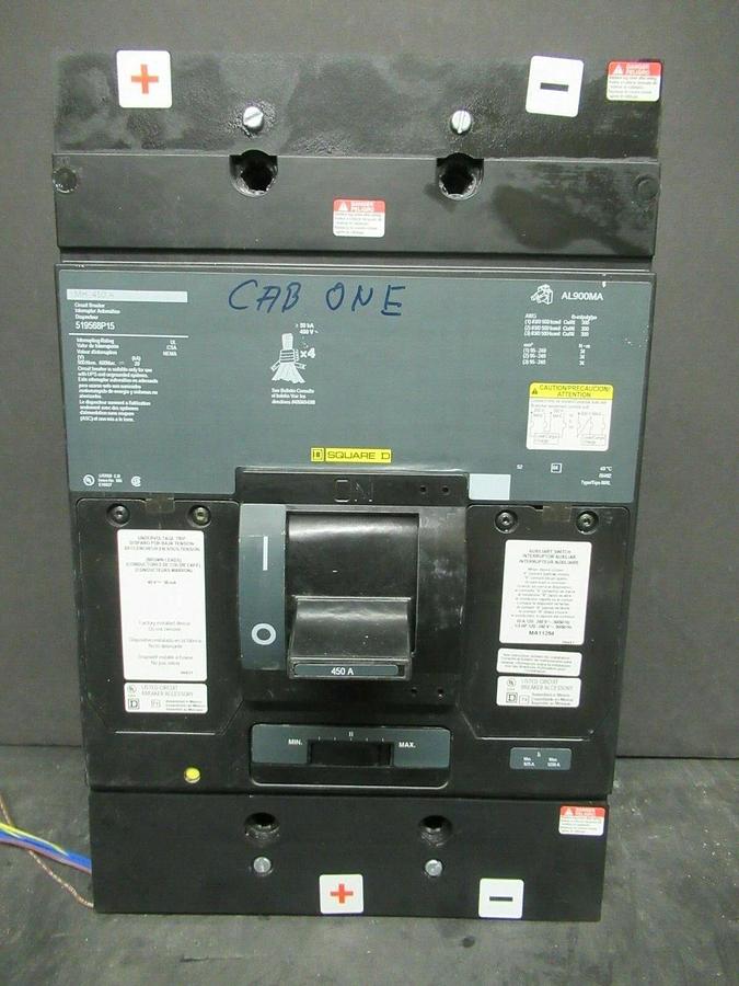 Used 450 AMP SQUARE D BREAKER 519568P15 600 VDC 3 POLE W/ AUXILIARY SWITCH & UVR