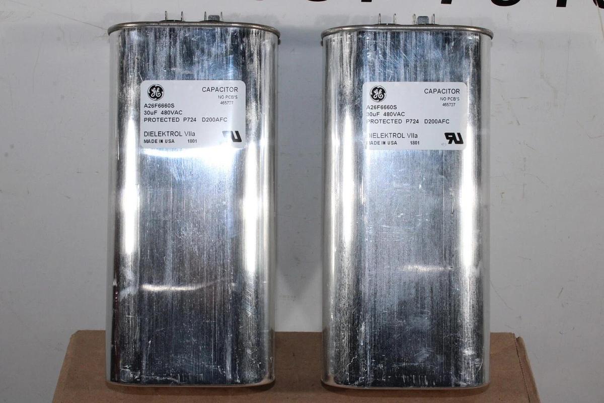 Used LOT OF 2 GE NON-PCB CAPACITOR A26F6660S 30 uF 480 VAC DIELEKTROL VII