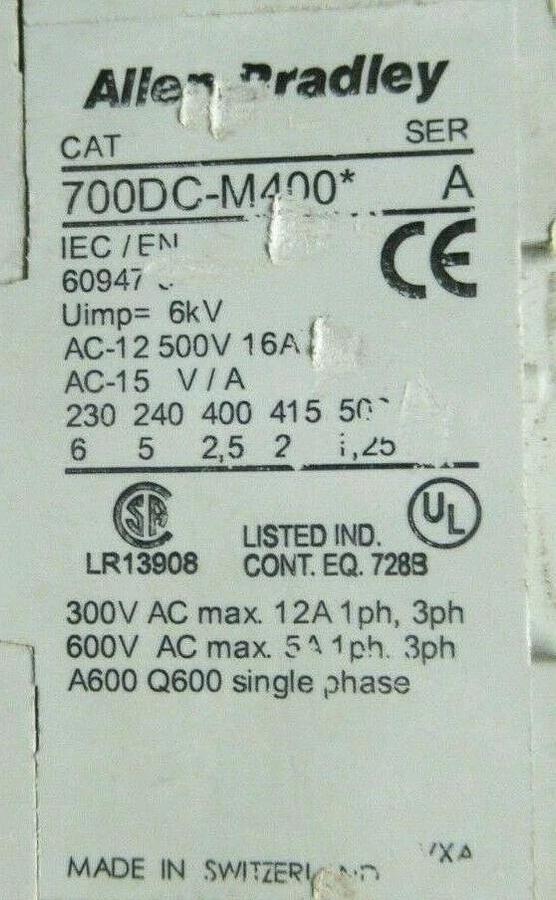 Used ALLEN BRADLEY CONTACTOR 700DC-M400* SER. A 12 AMP 600 VAC