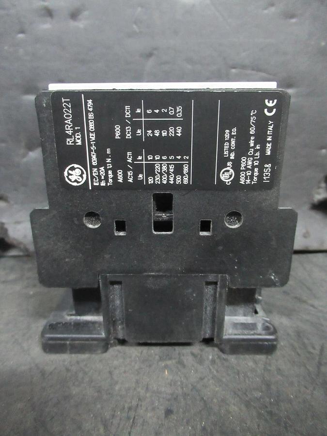 Used GE AUXILIARY RELAY RL4RA022T MOD. 1 600 VAC 20 AMP 110/120 VOLT COIL