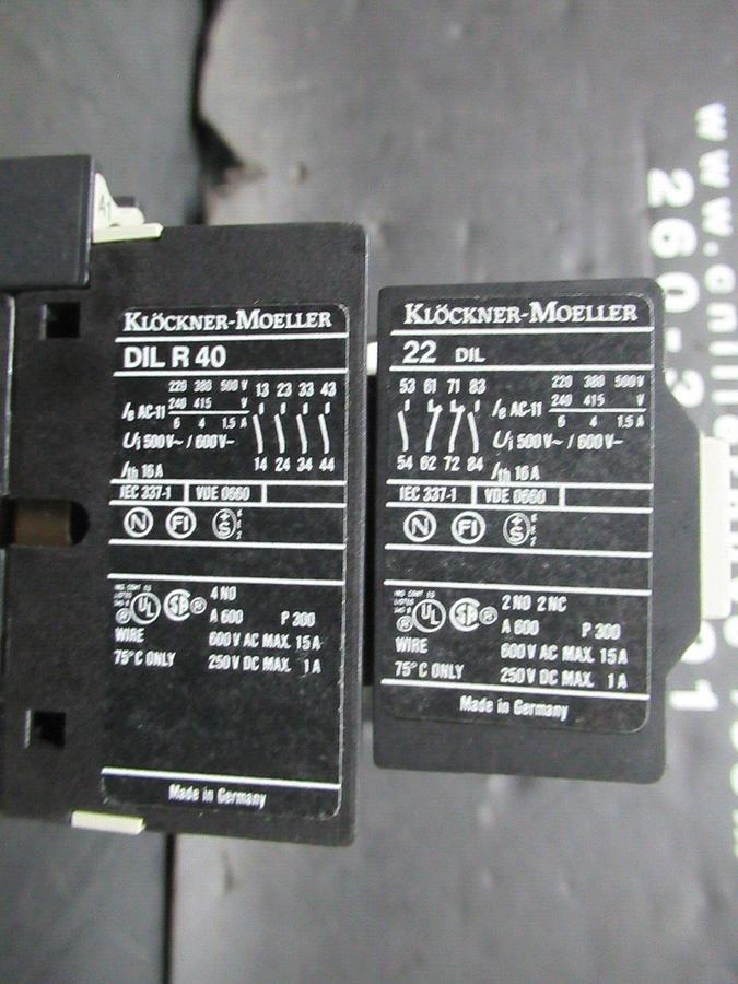 Used KLOCKNER-MOELLER CONTACTOR DIL-R-40 W/ 22-DIL 600 VAC 15 AMP COIL: 110/120 VOLT