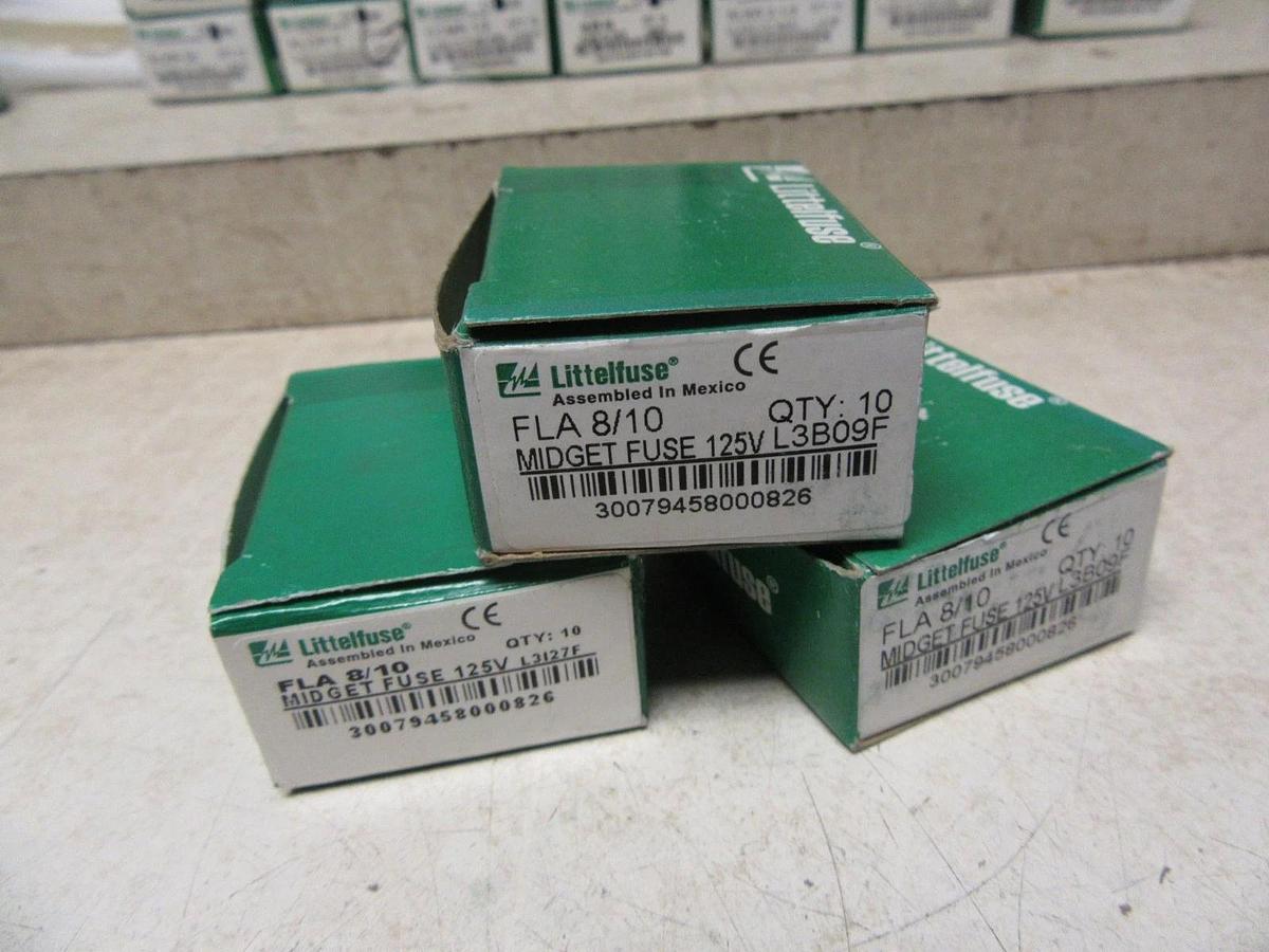 Used FLA 8/10 NEW BOX OF 10 LITTELFUSE FLA 8/10 AMP TIME DELAY NIB 125V MIDGET FUSE