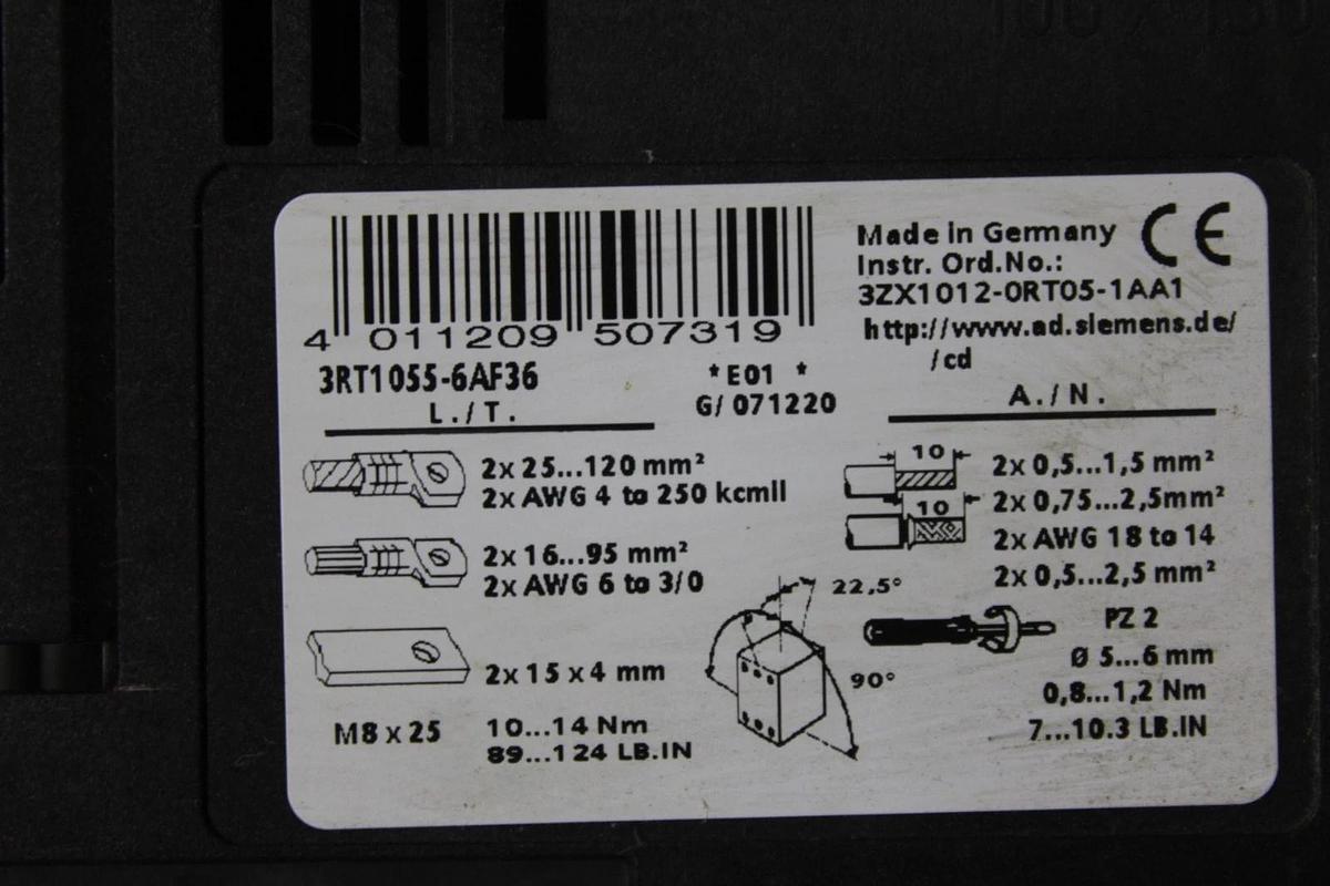 Used SIEMENS CONTACTOR 3RT1055-6...6 600 VAC 195 AMP 150 HP 3-POLE 3-PHASE COIL: 120V