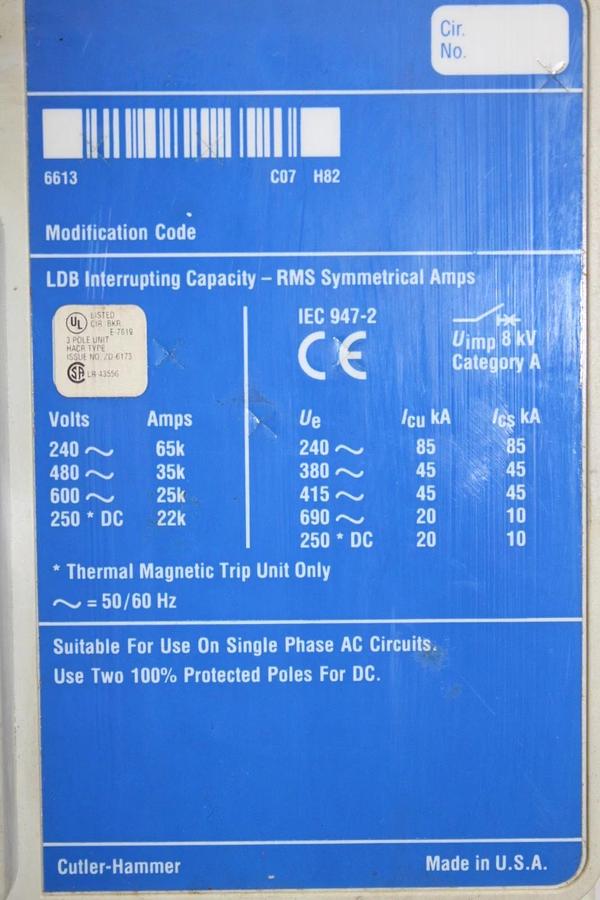 Used CUTLER-HAMMER CIRCUIT BREAKER LDB3600W 600 AMP 600 VAC 3-POLE LDB-35K