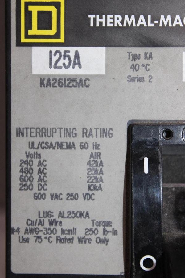 NIB SQUARE D I-LINE CIRCUIT BREAKER KA256125AC 125 AMP 600 VAC 2-POLE