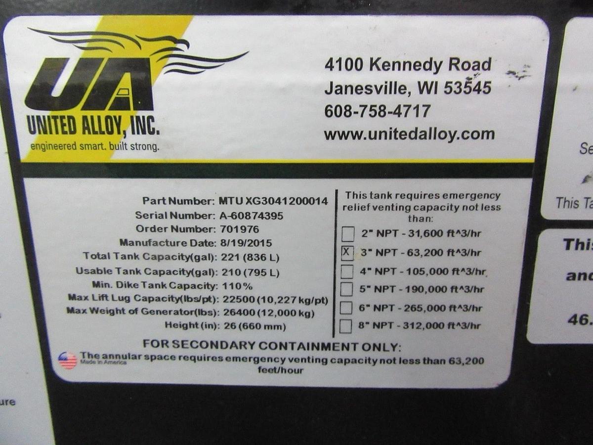 UNITED ALLOY 210 GALLON DIESEL BASE TANK FOR GENERATOR 200 GALLON