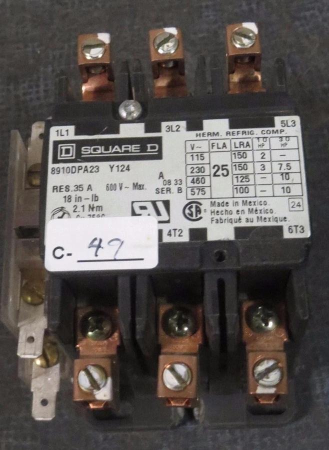 Used (1) SQUARE D CONTACTOR 8910DPA23 25 AMP 600 VOLT 3-PHASE 10 HP COIL: 120V