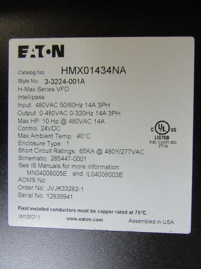 Used EATON VARIABLE SPEED DRIVE H-MAX INTELLIPASS HMX0143NA 480 VAC 14 AMP 10 HP