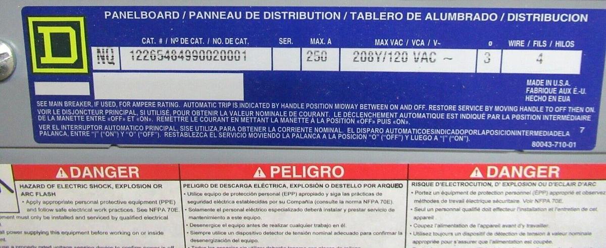 Used SQUARE D NQOD FRAME SERVICE PANEL 250 AMP 208/120 VOLT 30-SLOT 3-PHASE TYPE 1