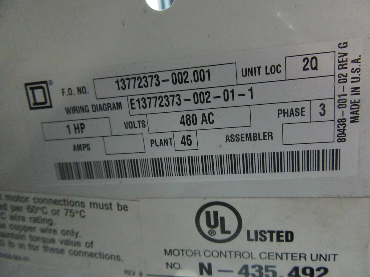 Used SQUARE D MODEL 6 MCC BUCKET NEMA SIZE 1 3 AMP 12" FA100-3MC6 W/ 8536SCO3S