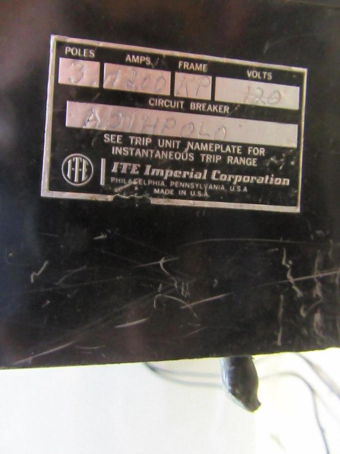Used ITE CIRCUIT BREAKER KP3-F120 1200 AMP 600 VAC 3-POLE W/ SHUNT TRIP