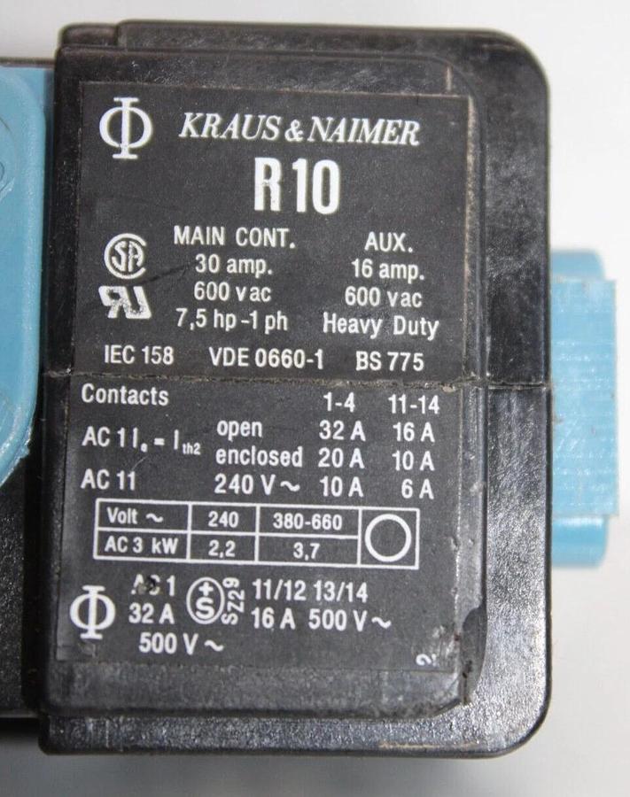 Used KRAUS & NAIMER CONTACTOR R10 30 AMP 600 VAC 2-POLE SINGLE PHASE COIL: 120V
