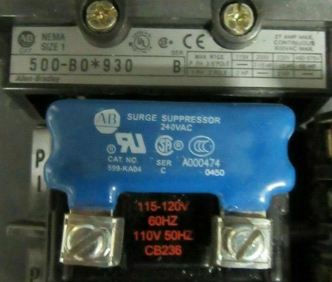 Used ALLEN BRADLEY CONTACTOR 500-B0*930 SER. B NEMA: 1  10 HP  600 VAC  COIL: 120 VAC