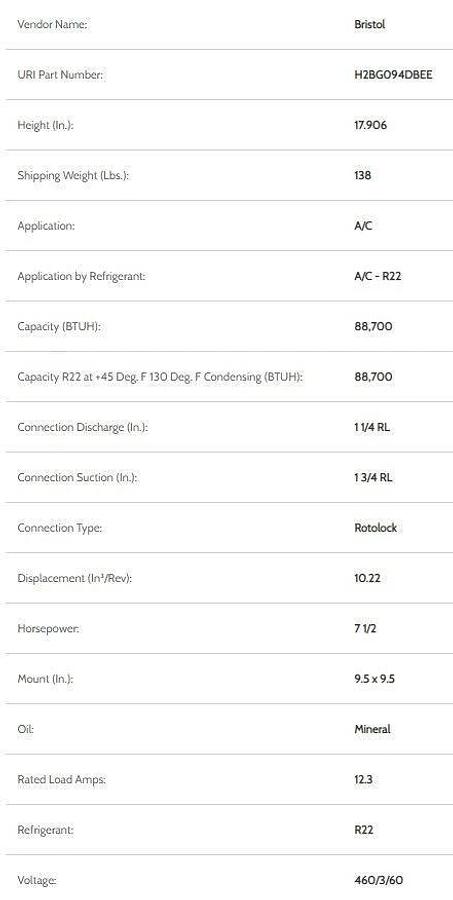 BRISTOL R-22 REFRIGERENT COMPRESSOR H2BG094DBEE 702216-07-1620 3-PHASE 460 VOLT