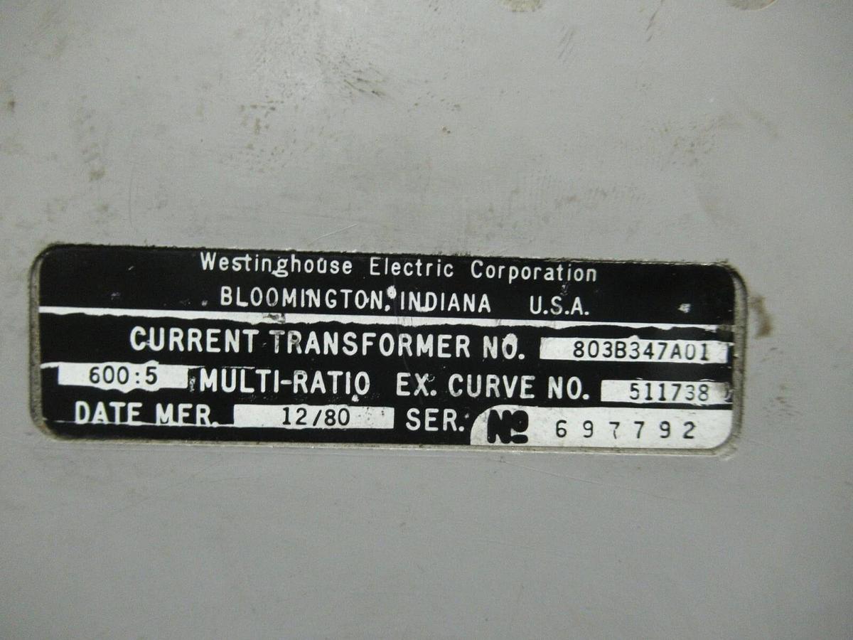 WESTINGHOUSE CURRENT TRANSFORMER 803B347A01 RATIO: 600:5 A